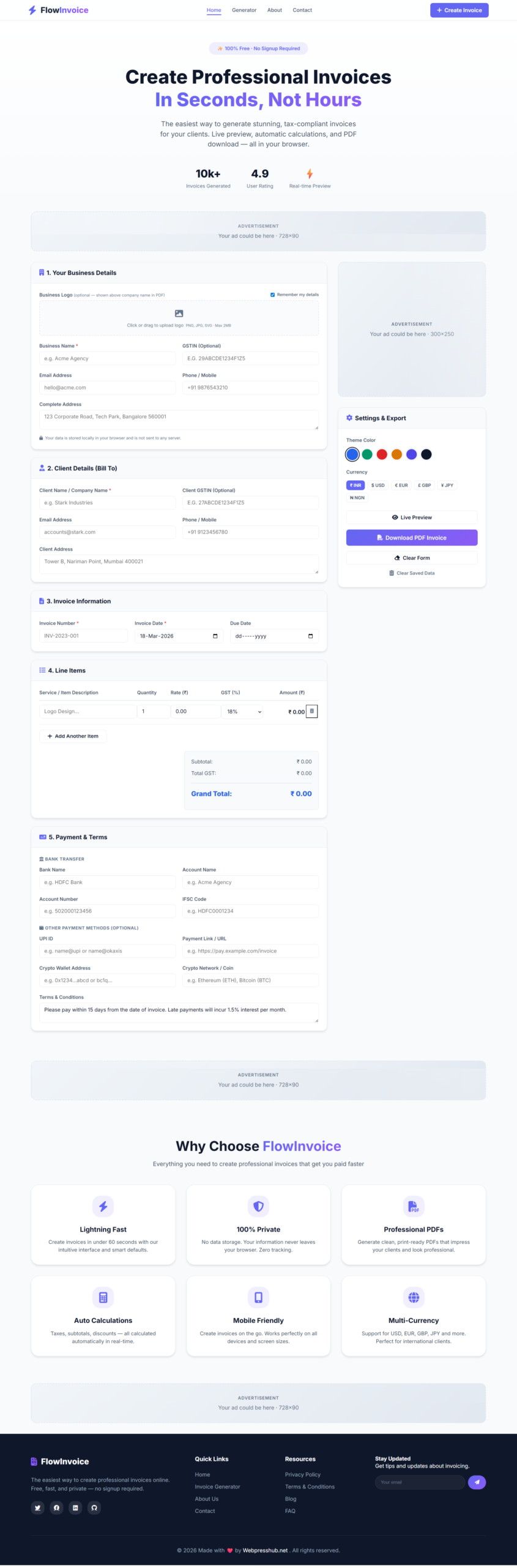 FlowInvoice AdSense Ready Invoice Generator Tool Website PHP Source Code