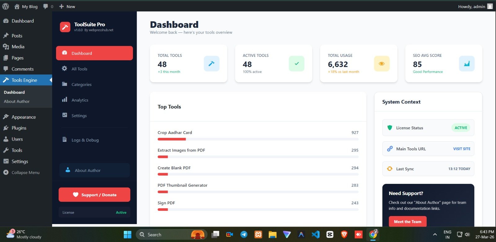 ToolSuite Pro Plugin Dashboard Preview - WordPress admin interface showing tool management, categories, analytics and settings